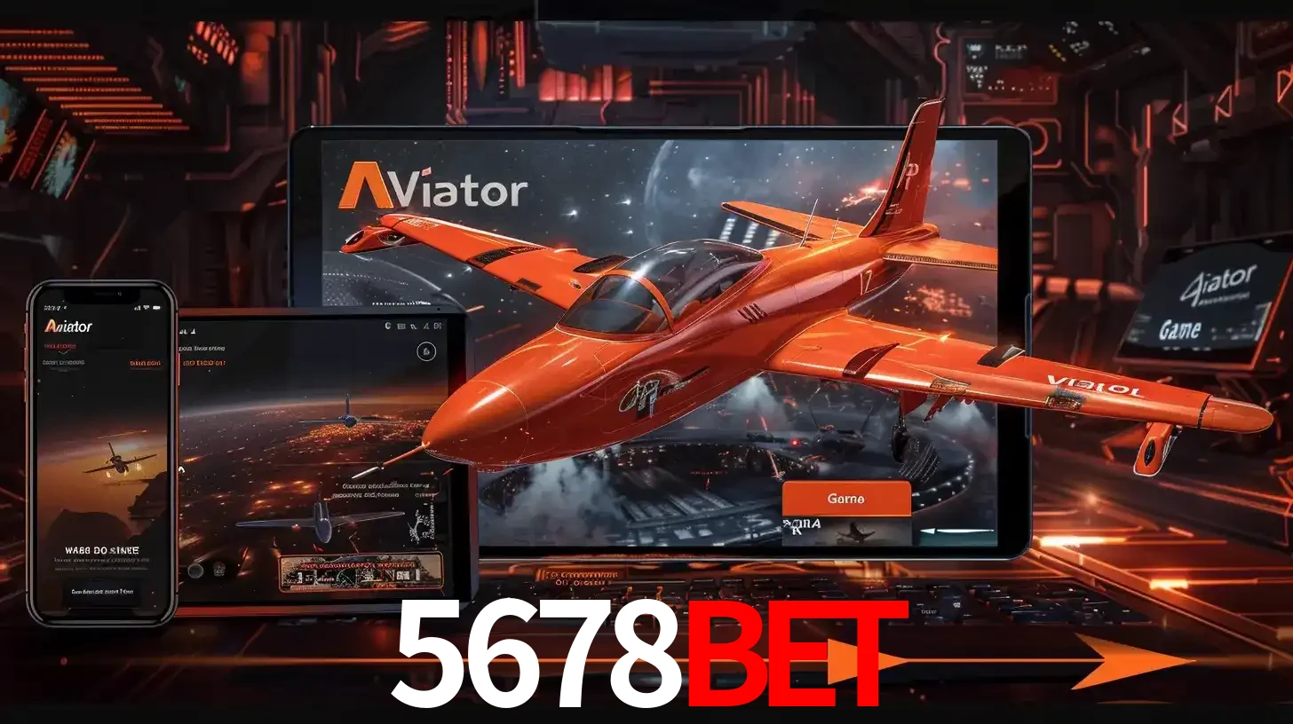 Apresentação tecnológica do jogo Aviator com um avião saindo da tela de um tablet, demonstrando a experiência imersiva em múltiplos dispositivos no 5678BET.