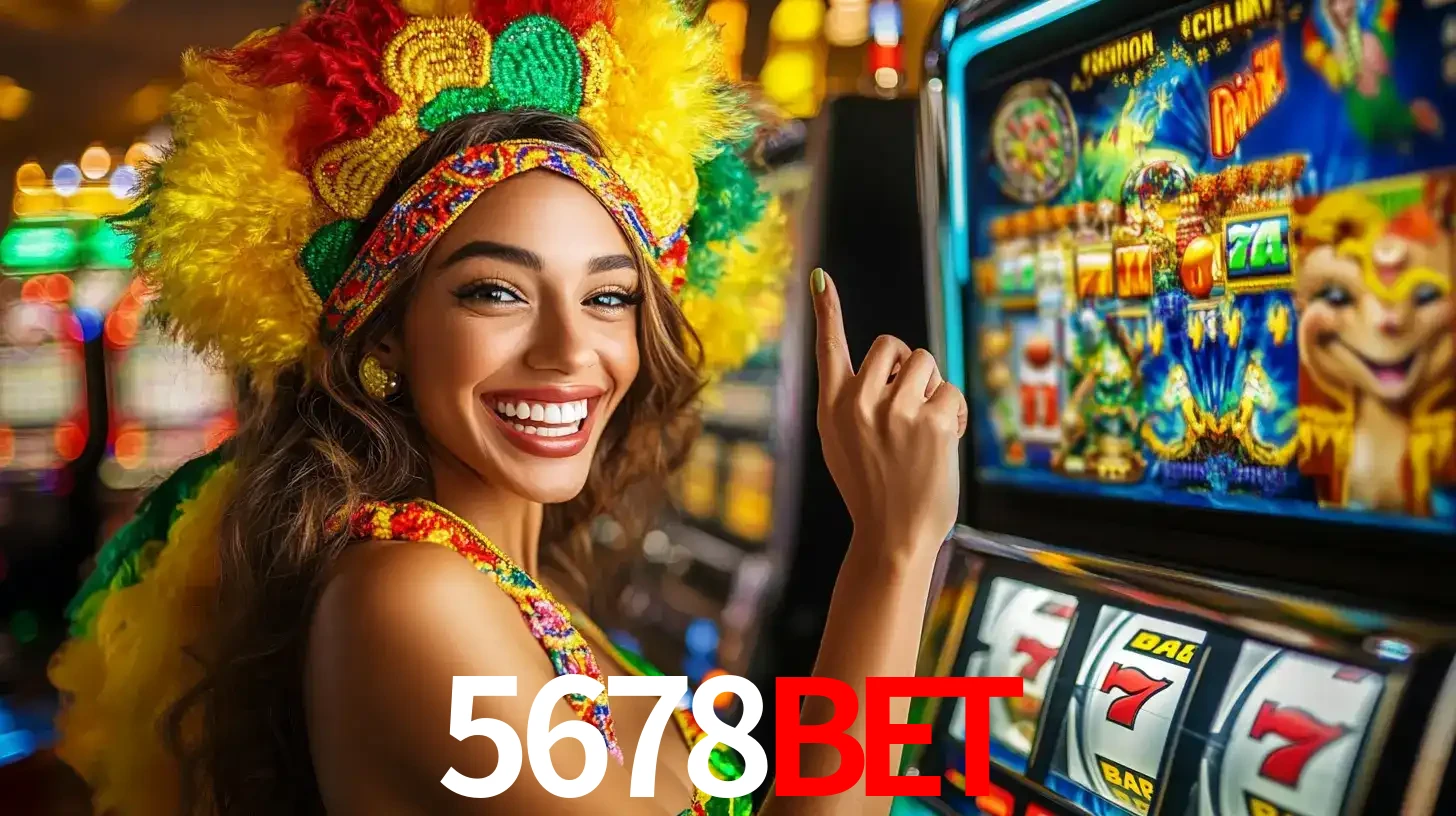 Mulher animada com um cocar de carnaval apontando para uma máquina de caça-níqueis, mostrando a emoção de ganhar um grande prêmio nos jogos do 5678BET.