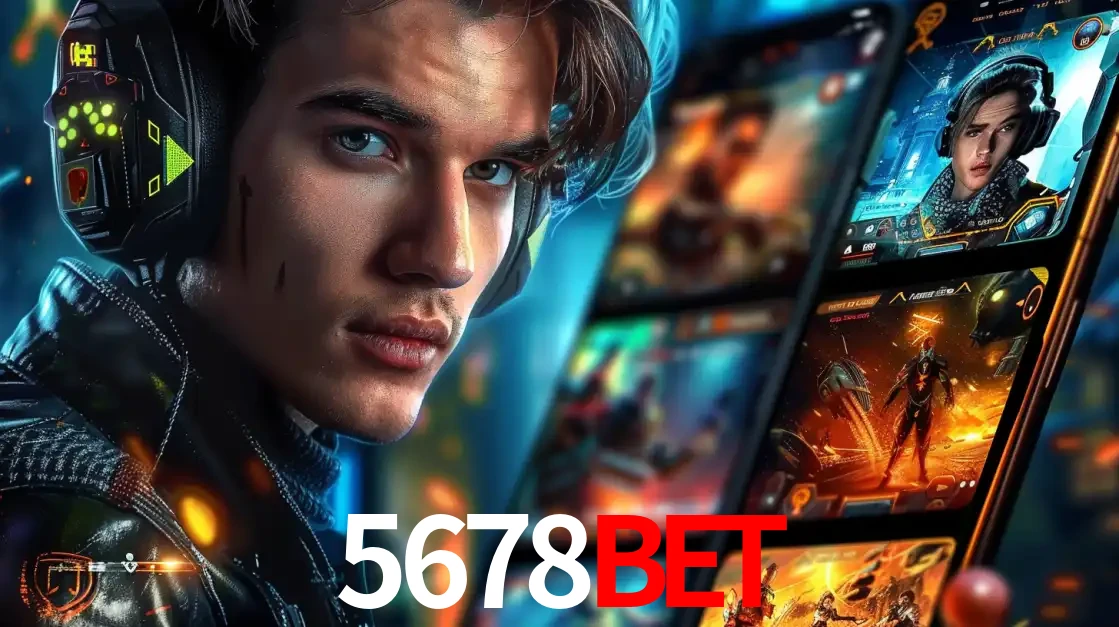 Jovem jogador com fones de ouvido olhando para a câmera, com um aplicativo de jogos e e-sports para celular ao fundo, pronto para a competição e apostas no 5678BET.