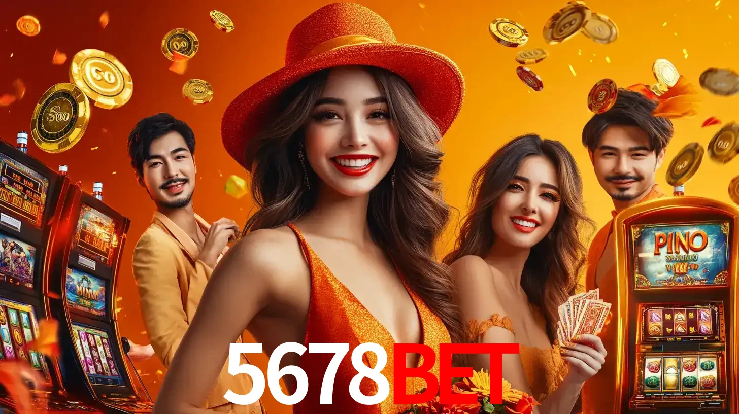 Grupo de amigos asiáticos sorrindo e se divertindo com máquinas de caça-níqueis em um ambiente festivo, celebrando suas vitórias nos jogos de cassino do 5678BET.