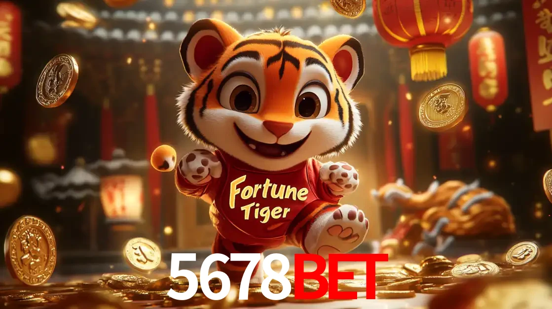 O alegre personagem do Fortune Tiger correndo sobre um caminho de moedas de ouro, simbolizando os grandes prêmios e a diversão do popular jogo de slot do 5678BET.