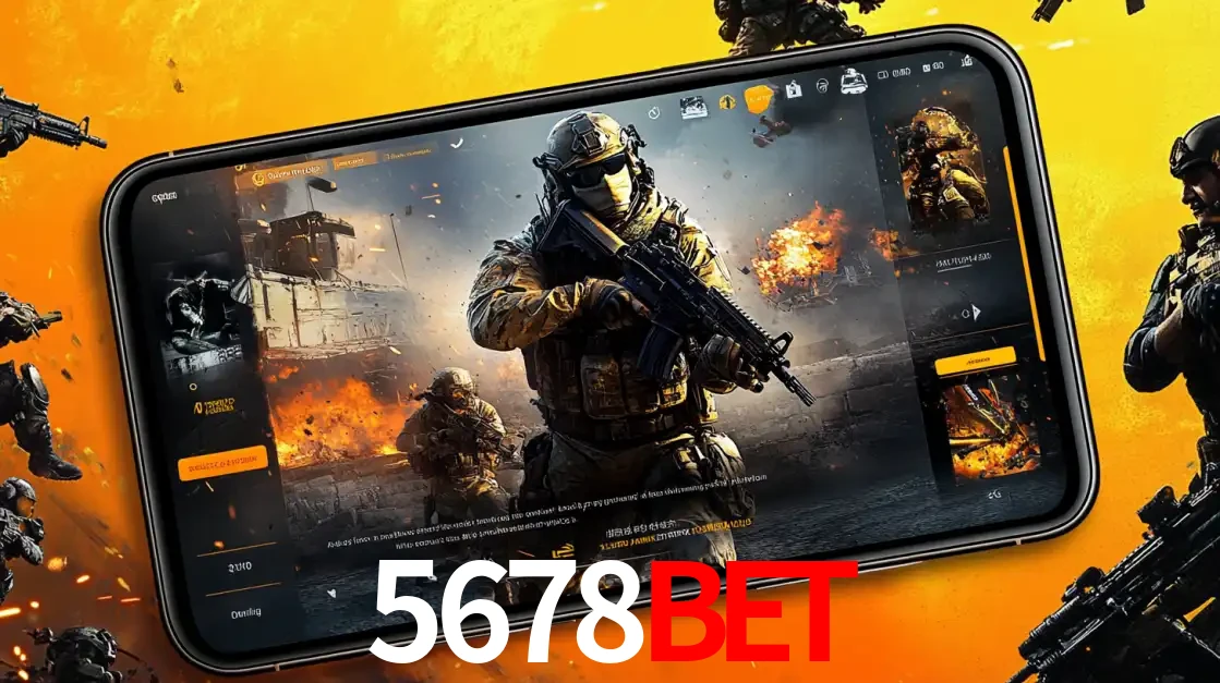 Um smartphone exibindo a interface de um jogo de tiro em primeira pessoa, com um soldado em um cenário de batalha, representando a ação dos e-sports para apostar no 5678BET.