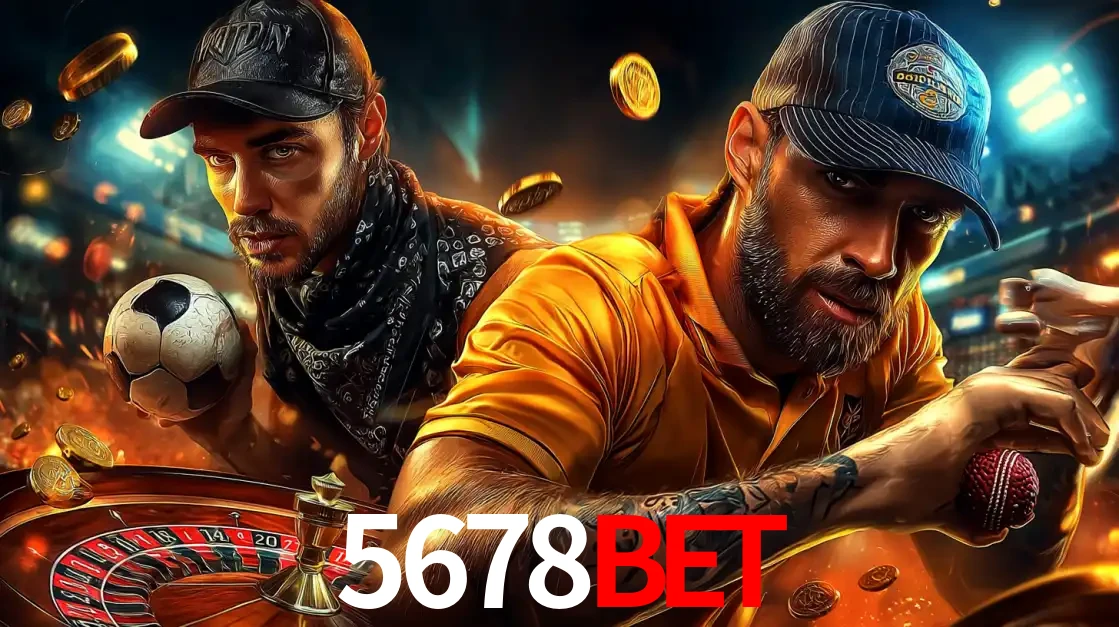 Montagem de apostas esportivas e cassino no 5678BET, com um homem segurando uma bola de futebol e outro uma de beisebol sobre uma roleta e moedas voadoras.