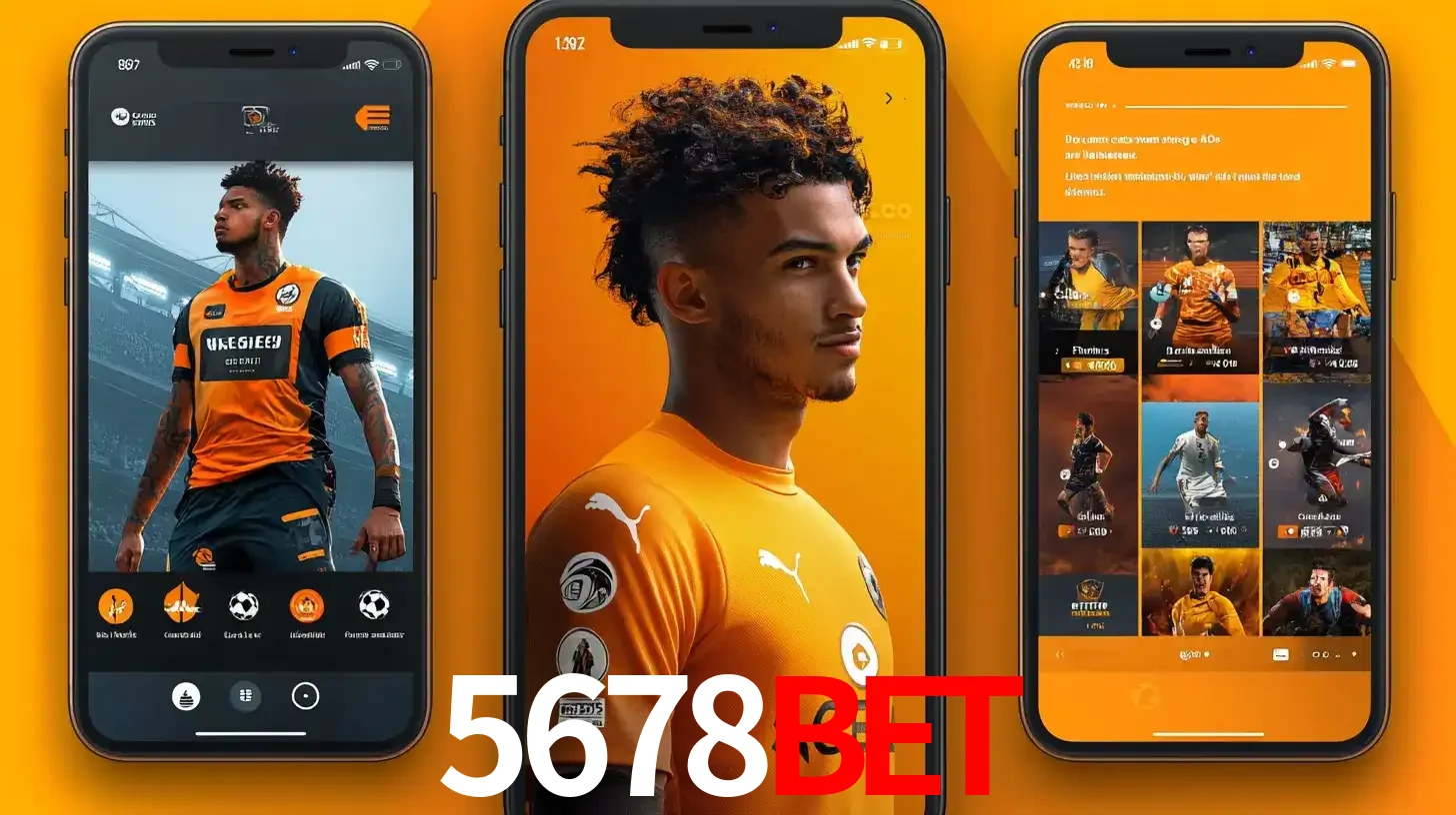 Interface do aplicativo de apostas esportivas 5678BET em três telas de celular, mostrando o perfil de um jogador de futebol e a lista de jogos disponíveis para apostar.