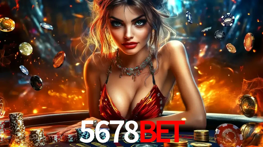 Mulher em uma mesa de cassino com pilhas de fichas e um fundo de fogo, pronta para uma rodada de altas apostas nos jogos de mesa emocionantes do cassino 5678BET.