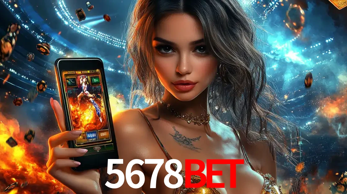 Mulher segurando um celular com um jogo de slot em destaque, tendo como fundo um estádio vibrante, simbolizando a emoção de jogar no cassino móvel 5678BET.