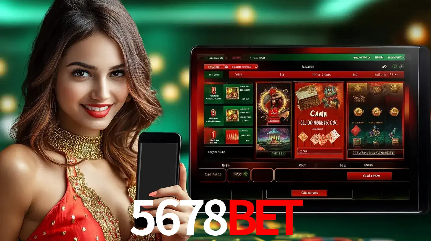 Mulher sorridente segurando um smartphone, ao lado de uma tela exibindo o lobby de jogos do cassino online 5678BET, com várias opções de jogos de cartas e slots.
